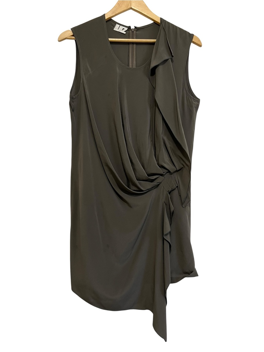 LUTZ Huelle Silk Sleeveless Olive Pleated Drape Front Asymmetrical Dress Size 42